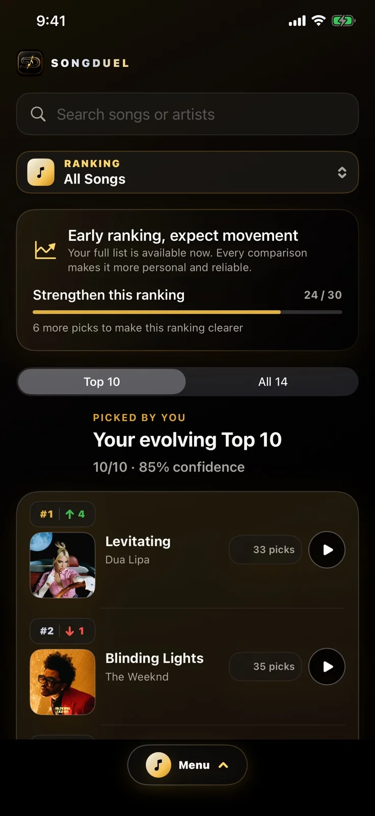 Your personal Top Songs chart, with ranking movement and progress