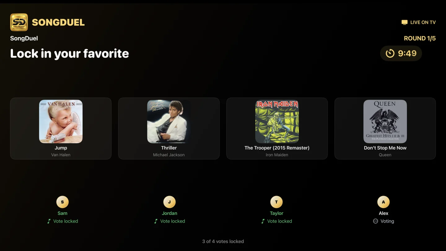 SongDuel TV voting screen: four songs, player vote confirmations, and round progress