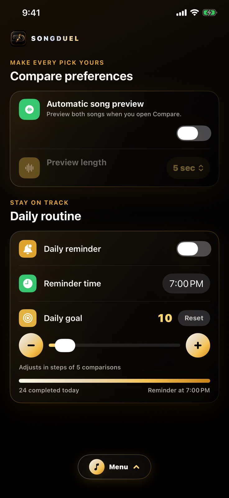 SongDuel Profile settings showing automatic song preview, preview length, daily reminder, and Daily Goal controls